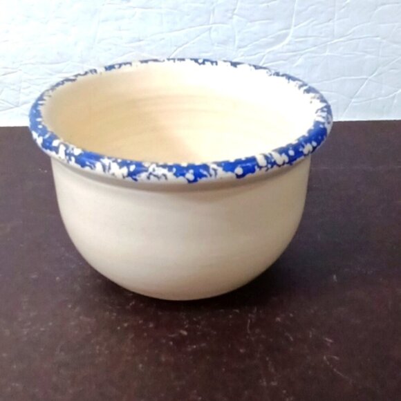 Blue Spongeware Popcorn Bowl w/ "for Sharing' Written on Bowl 6.5" Diameter - Picture 2 of 5